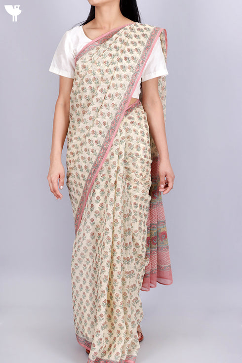 Kota Doria Saree In Floral Block Print